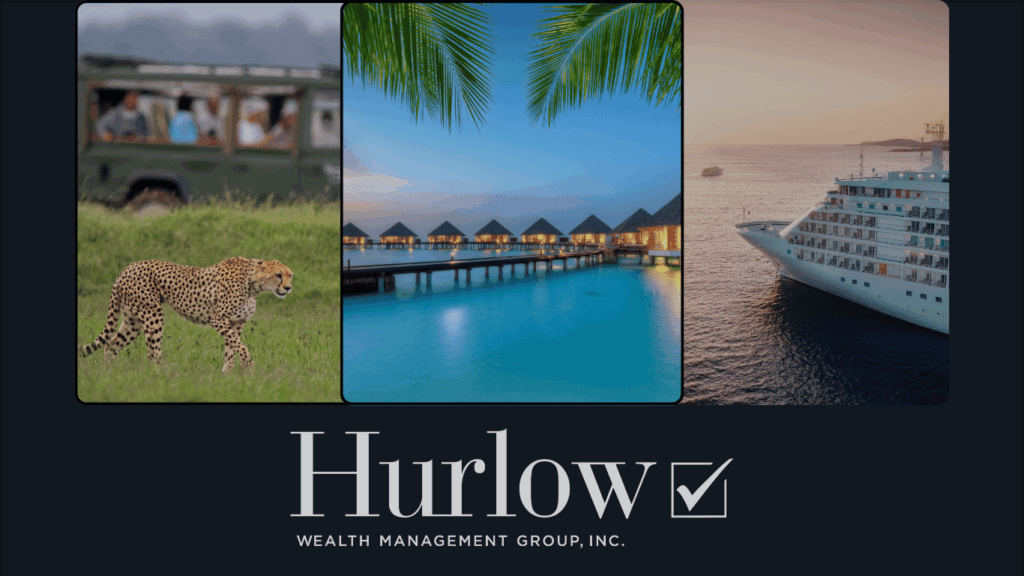Three panels showing a safari, a island resort, and cruise ship