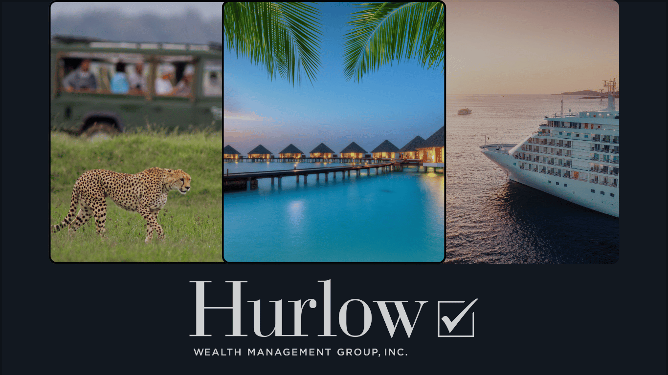 Three panels showing a safari, a island resort, and cruise ship