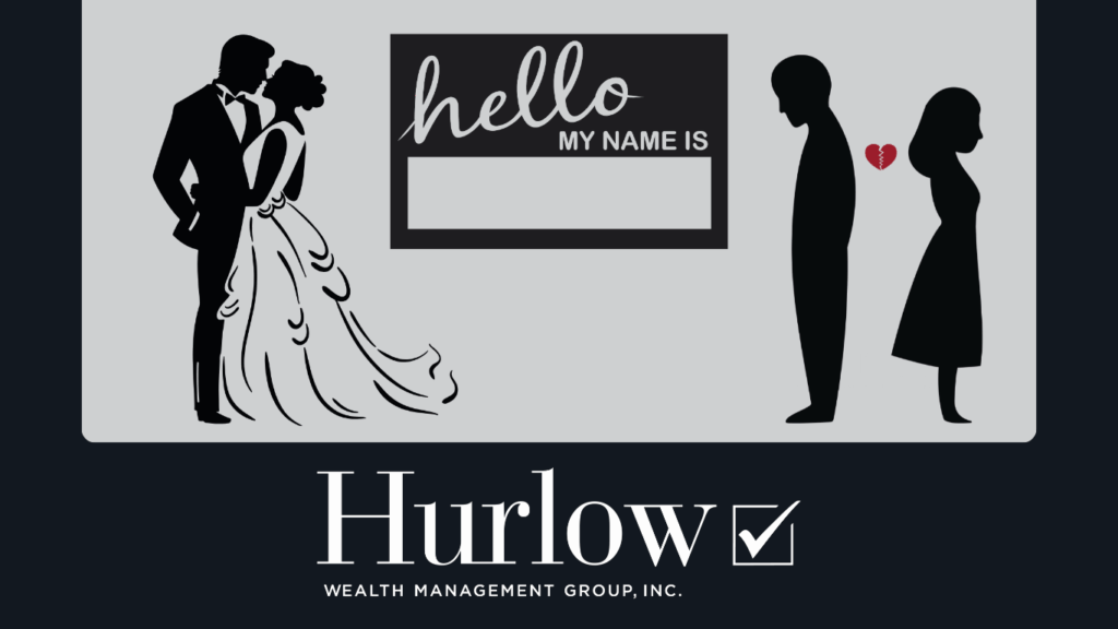 A name tag and two couples, one getting married the other divorced