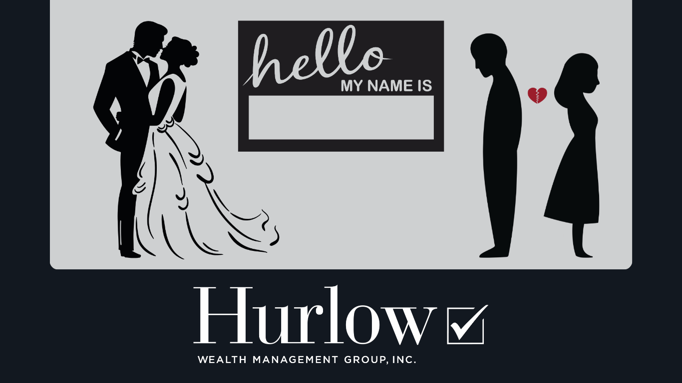 A name tag and two couples, one getting married the other divorced