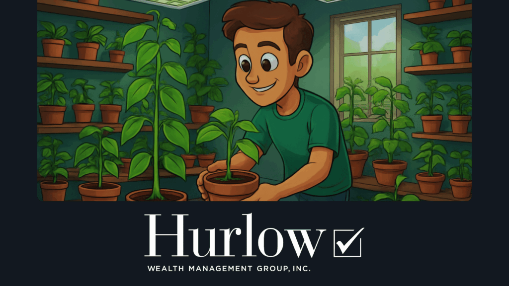 A cartoon depiction of a man tending to growing plants