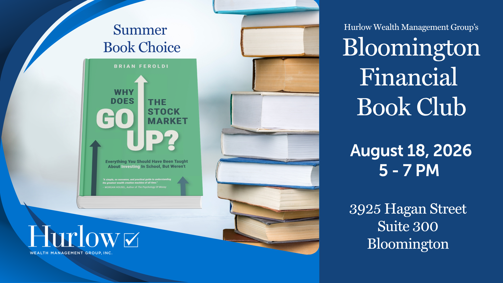 An event cover for the financial book club Summer 2026 Book choice Why Does the Stock Market Go Up?