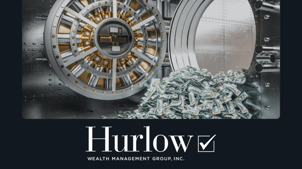 An open bank vault with a large pile of $100 bills pouring out.